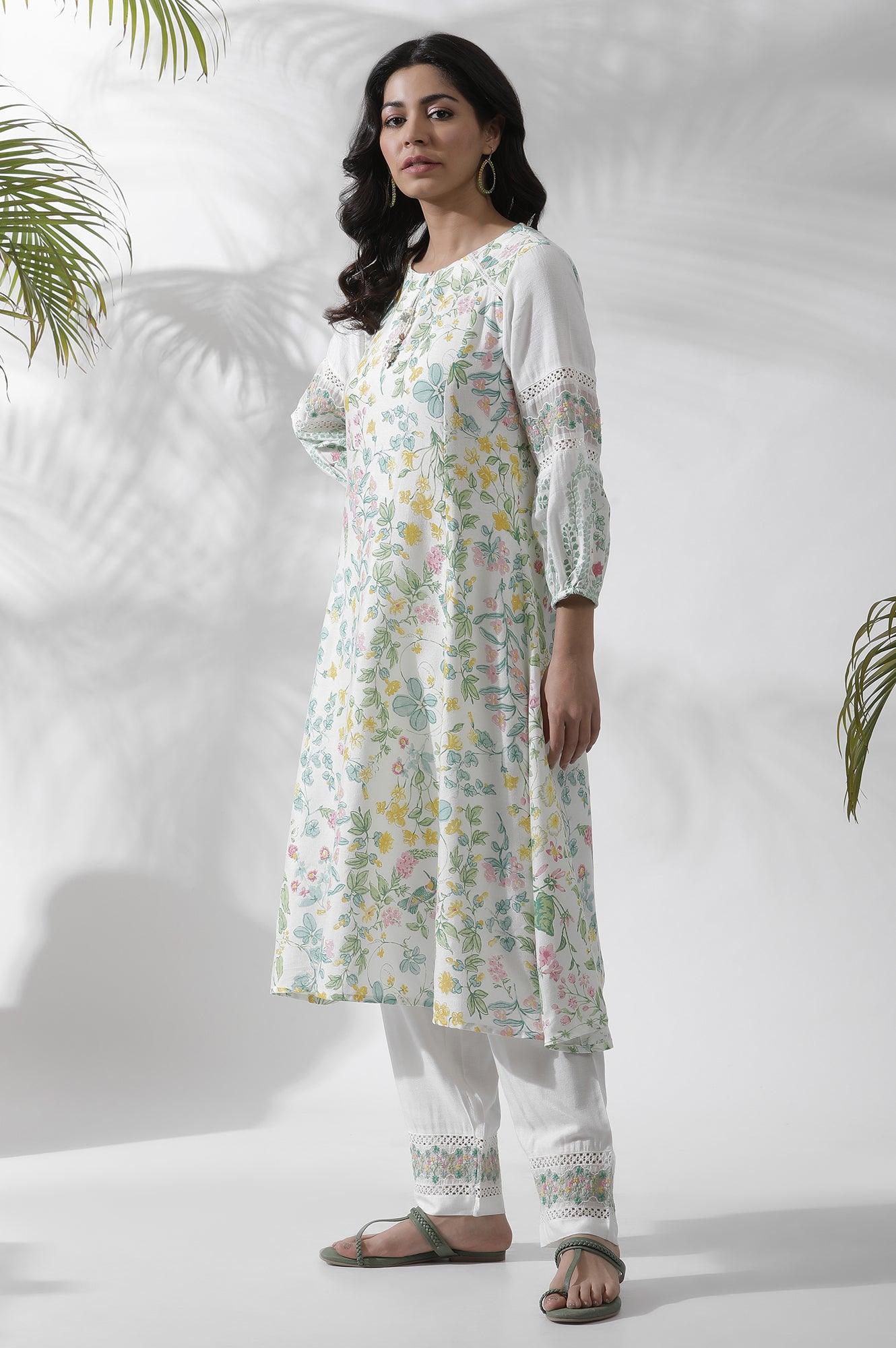 White A-Line Floral Printed Kurta - wforwoman