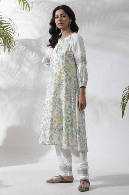 White A-Line Floral Printed Kurta - wforwoman