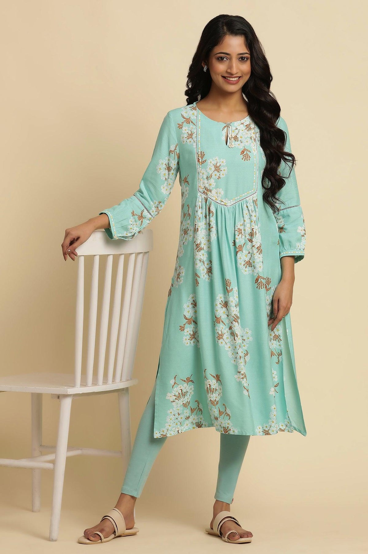 Light Blue Floral Printed Gathered Kurta - XS