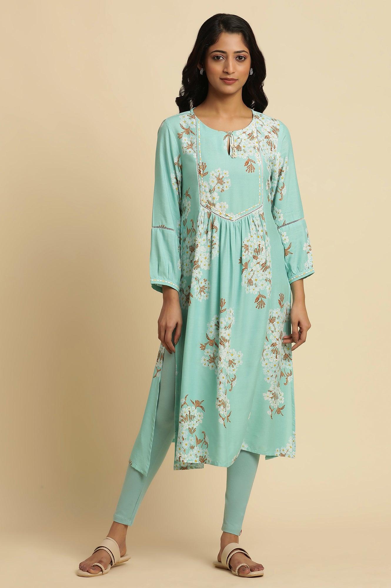 Light Blue Floral Printed Gathered Kurta - wforwoman