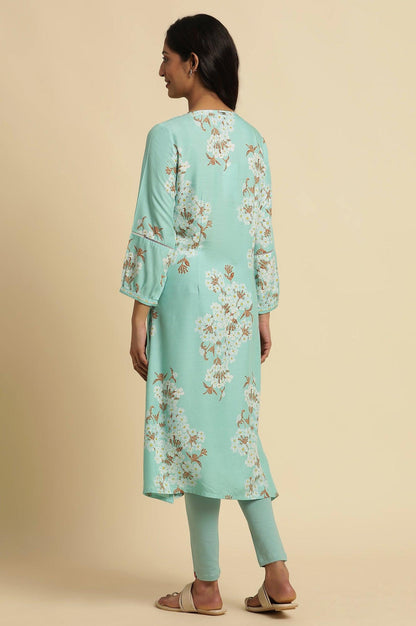 Light Blue Floral Printed Gathered Kurta - wforwoman