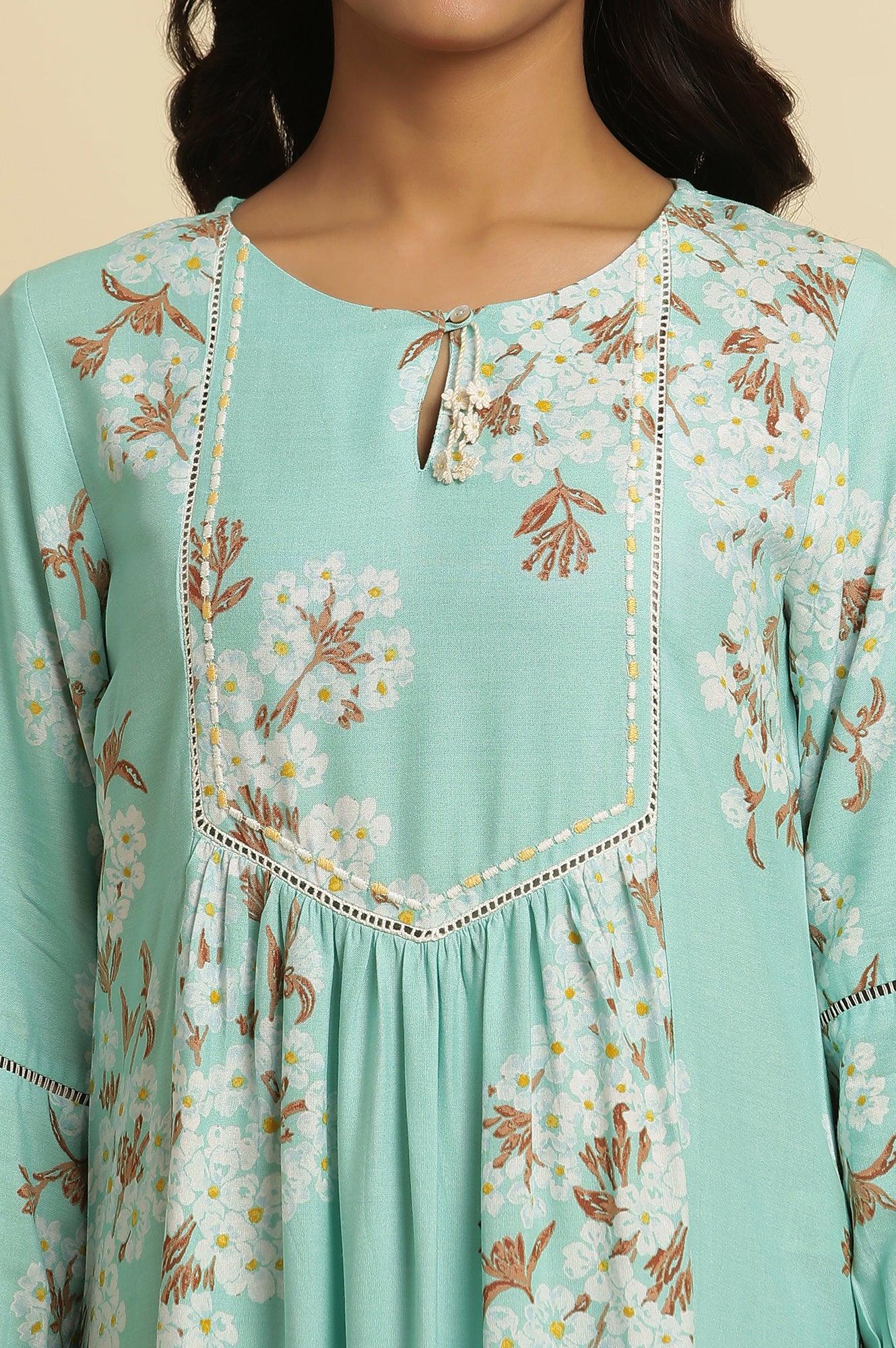 Light Blue Floral Printed Gathered Kurta - wforwoman