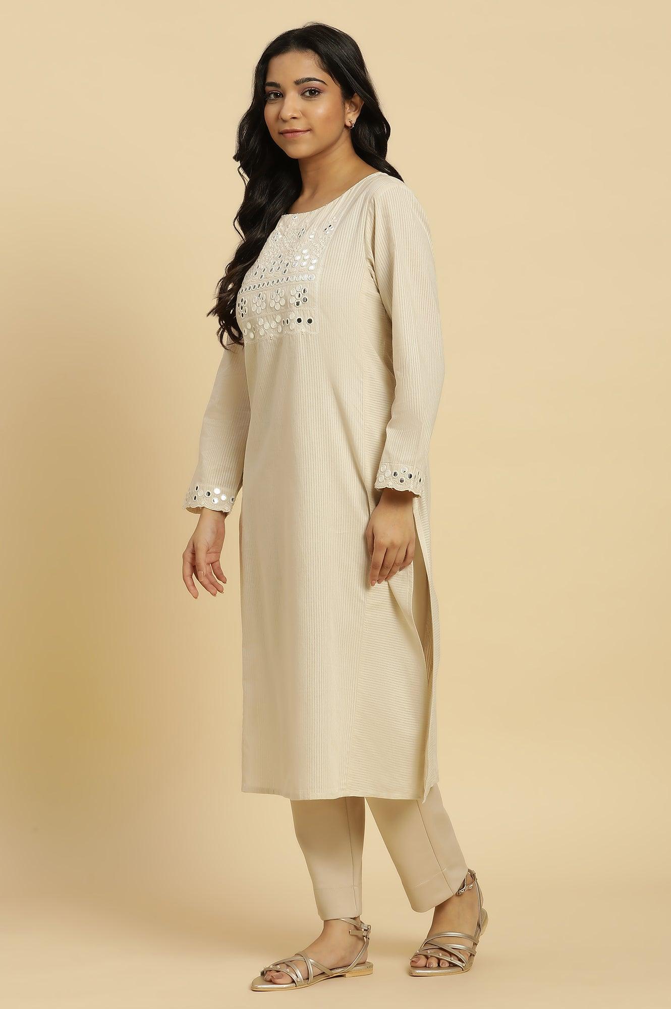 Off-White Cotton Kurta With Mirror Work - wforwoman