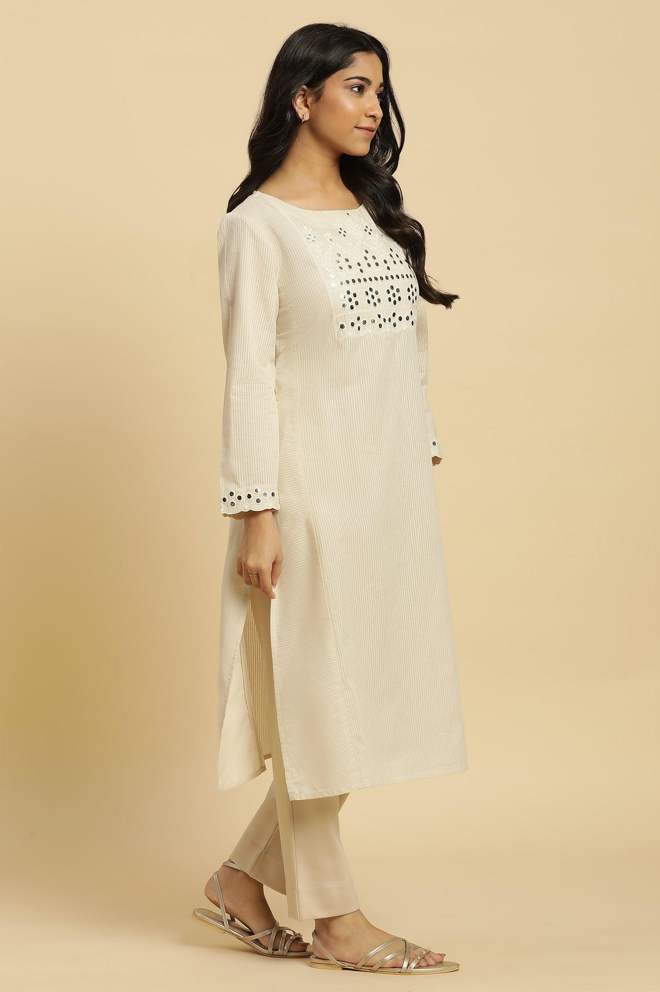 Off-White Cotton Kurta With Mirror Work - wforwoman
