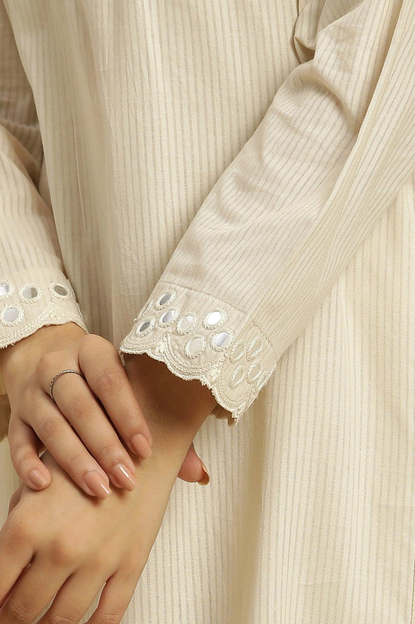 Off-White Cotton Kurta With Mirror Work
