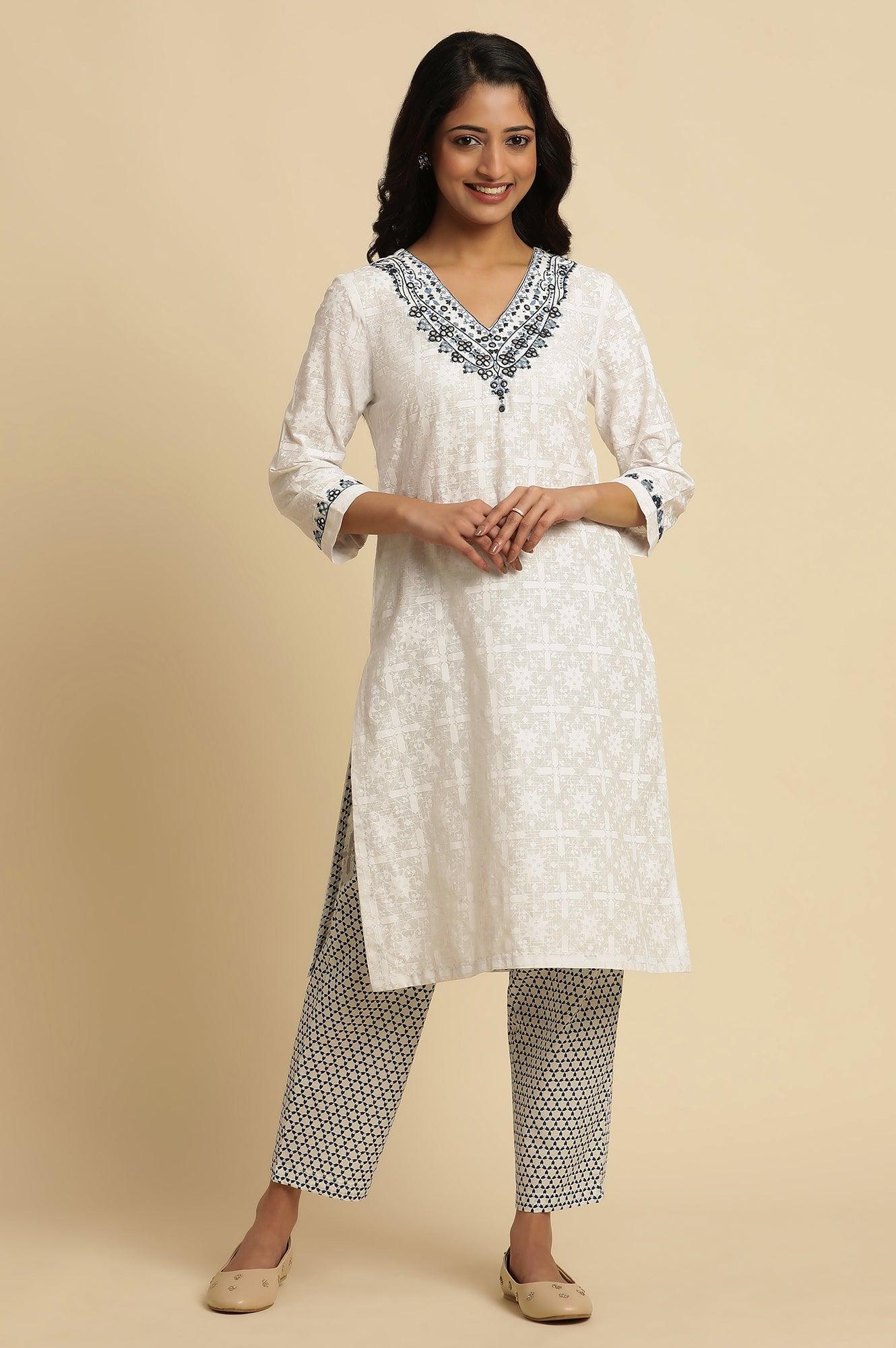 White Cotton Kurta With Embroidered Neck - wforwoman