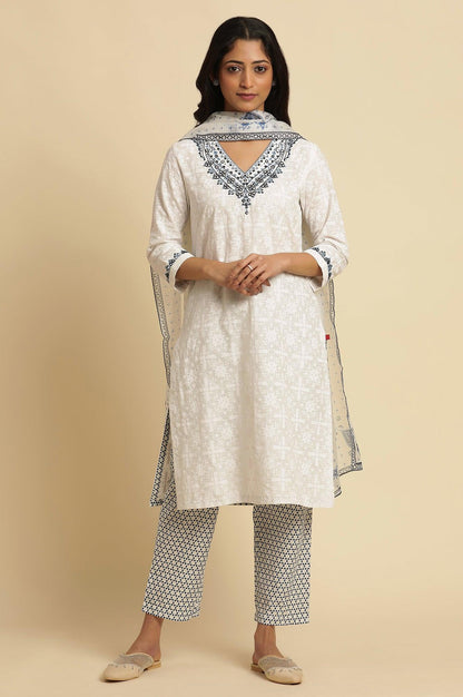 White Cotton Kurta With Embroidered Neck - wforwoman