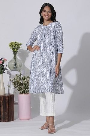White Geometric Printed Cotton Kurta - XS
