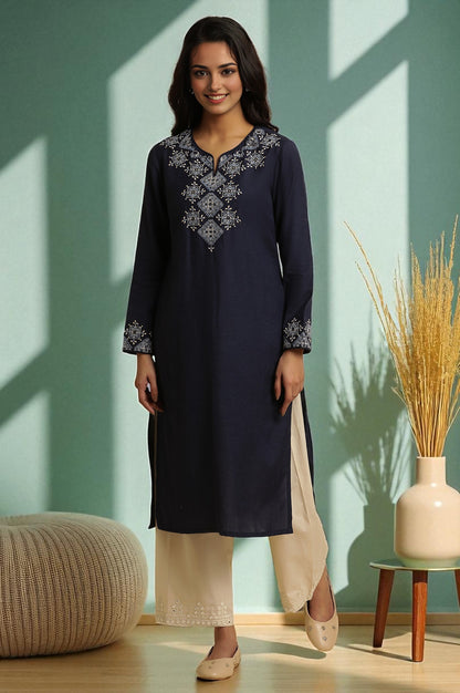 Blue Thread Embroidered Straight Kurta