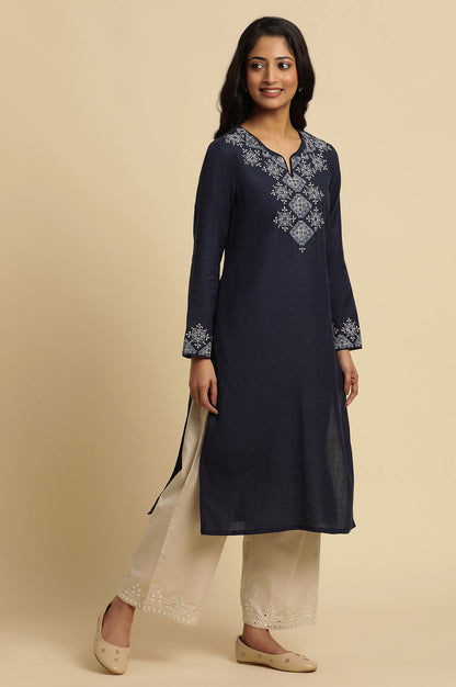 Blue Thread Embroidered Straight Kurta