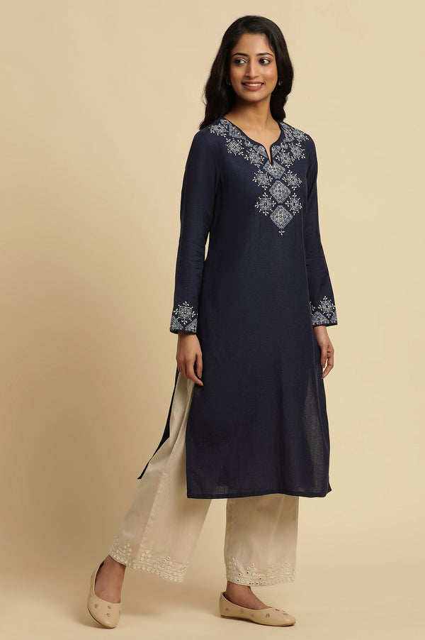 Blue Thread Embroidered Straight Kurta