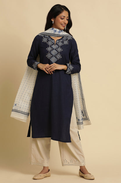 Blue Thread Embroidered Straight Kurta
