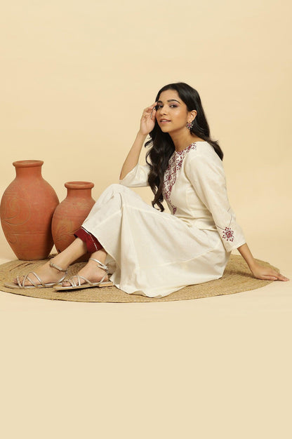 White Flared Kurta With Mirror Work And Embroidery - wforwoman