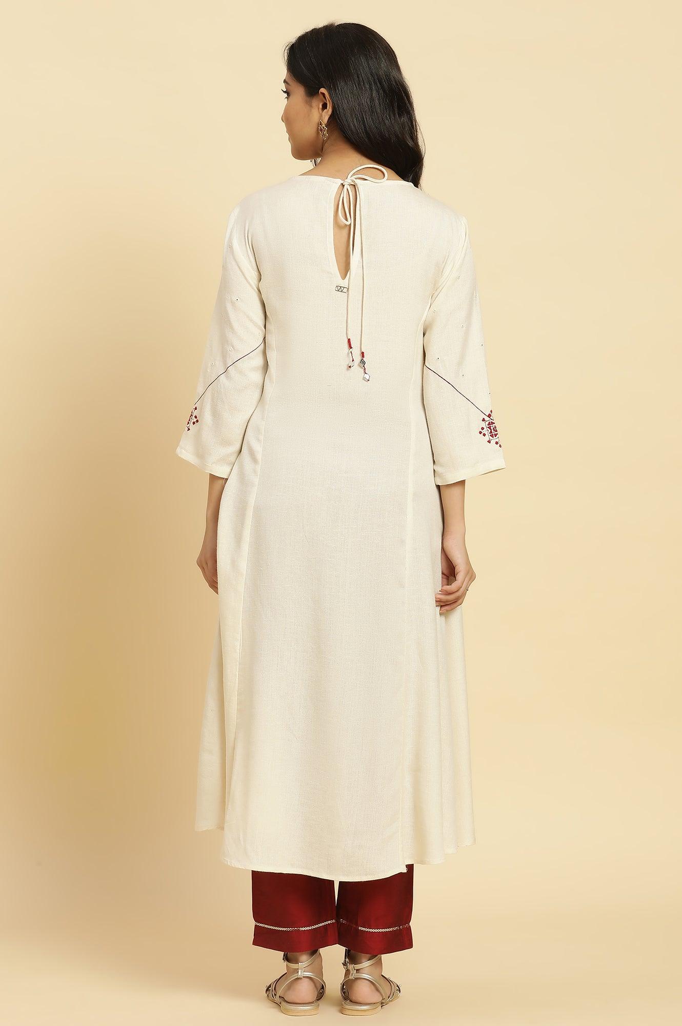 White Flared Kurta With Mirror Work And Embroidery - wforwoman