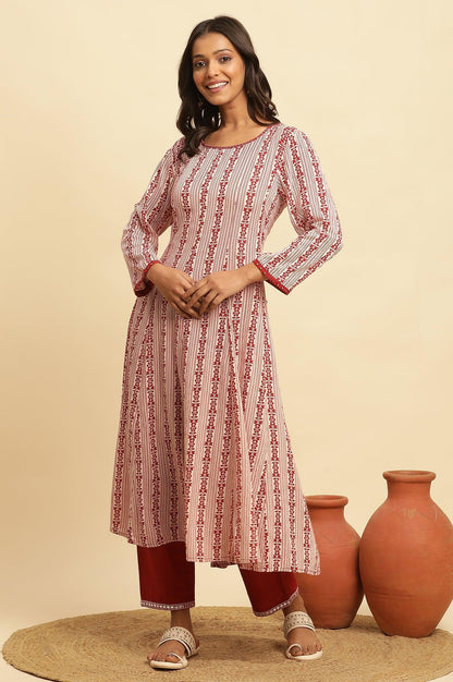 White And Red Printed A-Line Kurta - wforwoman