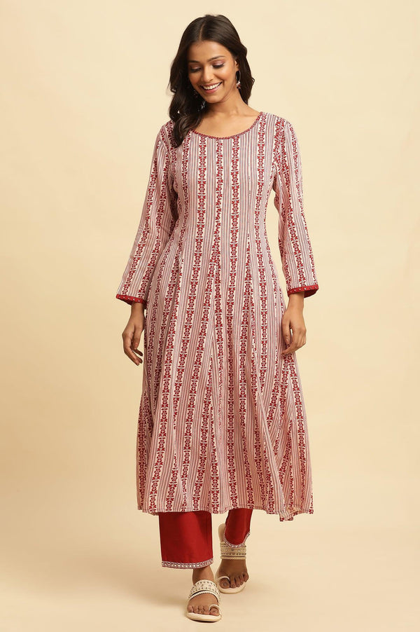 White and Red Printed A-line Cotton Kurta