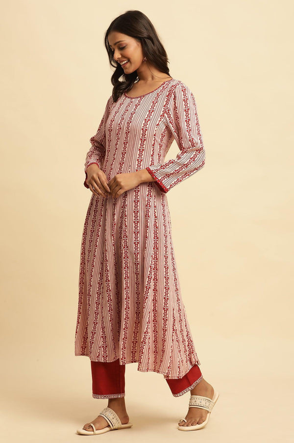 White and Red Printed A-line Cotton Kurta
