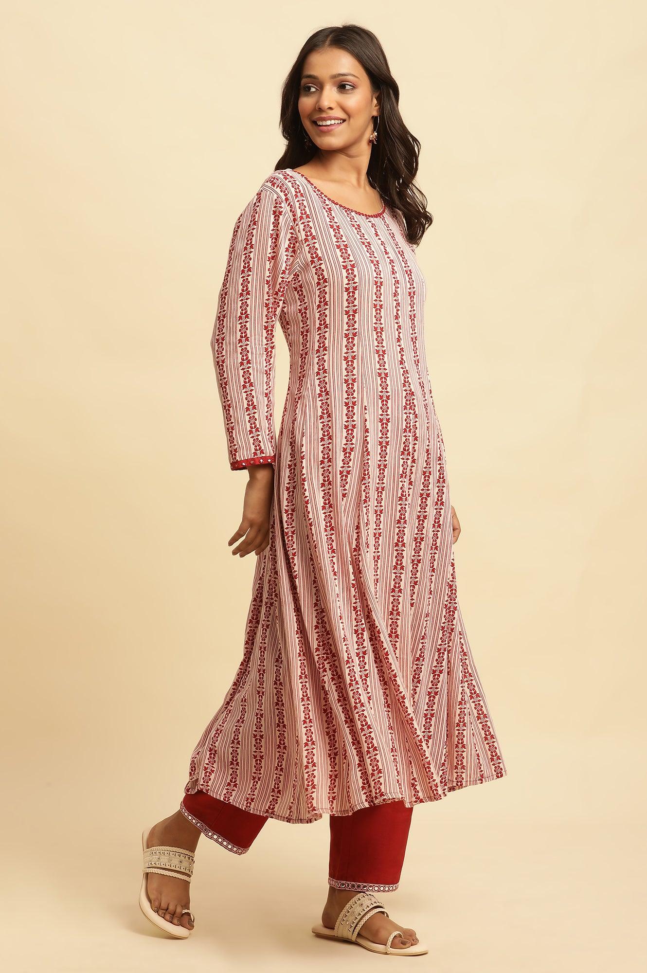 White And Red Printed A-Line Kurta - wforwoman