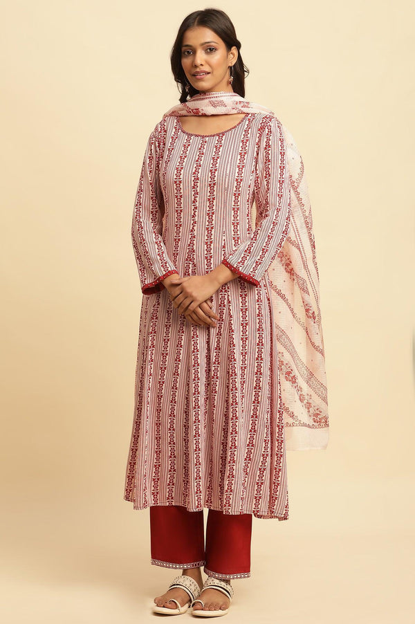 White and Red Printed A-line Cotton Kurta