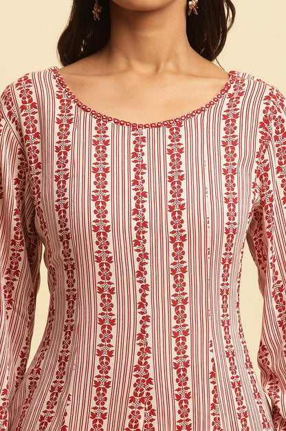 White And Red Printed A-Line Kurta - wforwoman
