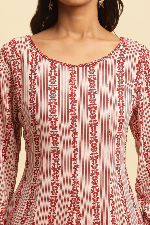 White and Red Printed A-line Cotton Kurta