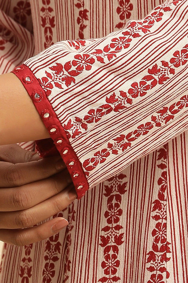 White and Red Printed A-line Cotton Kurta