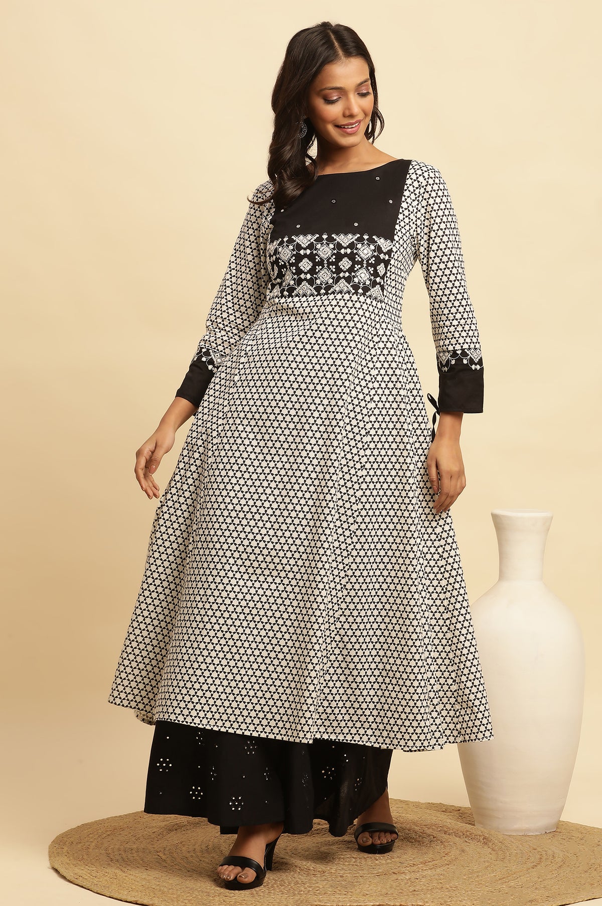 White And Black Printed Flared Kurta With Embroidery - XS