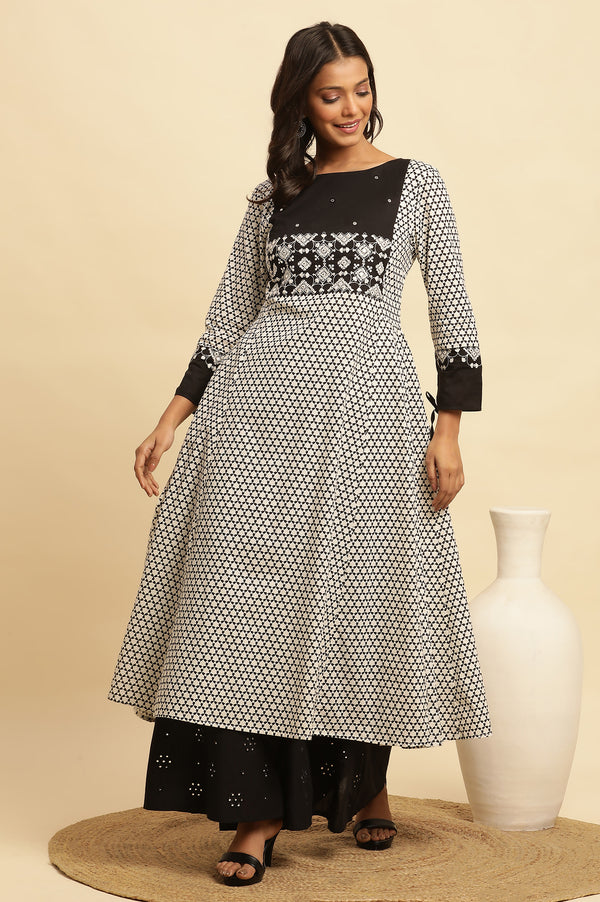 White And Black Printed Flared Kurta With Embroidery