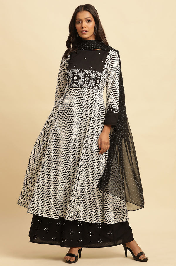 White And Black Printed Flared Kurta With Embroidery
