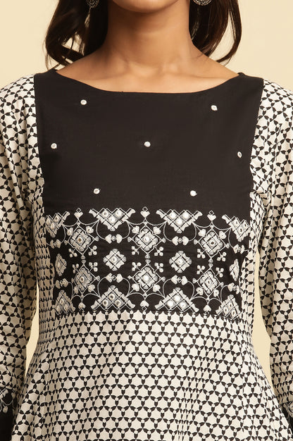 White And Black Printed Flared Kurta With Embroidery