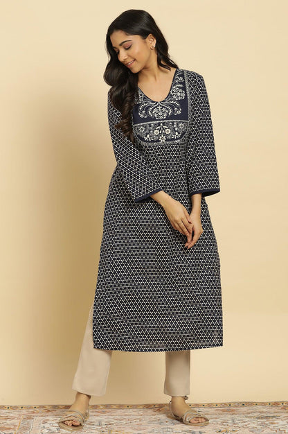 Blue Printed Cotton Kurta With Dori Embroidery - wforwoman