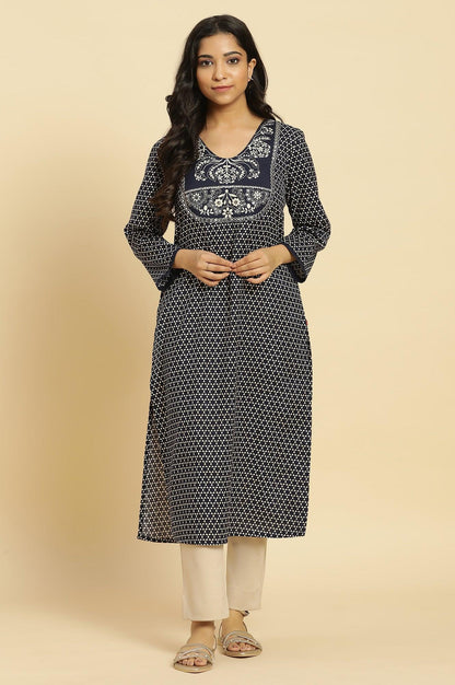 Blue Printed Cotton Kurta With Dori Embroidery - wforwoman