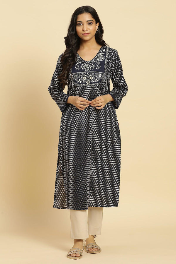 Blue Printed Cotton Kurta With Dori Embroidery