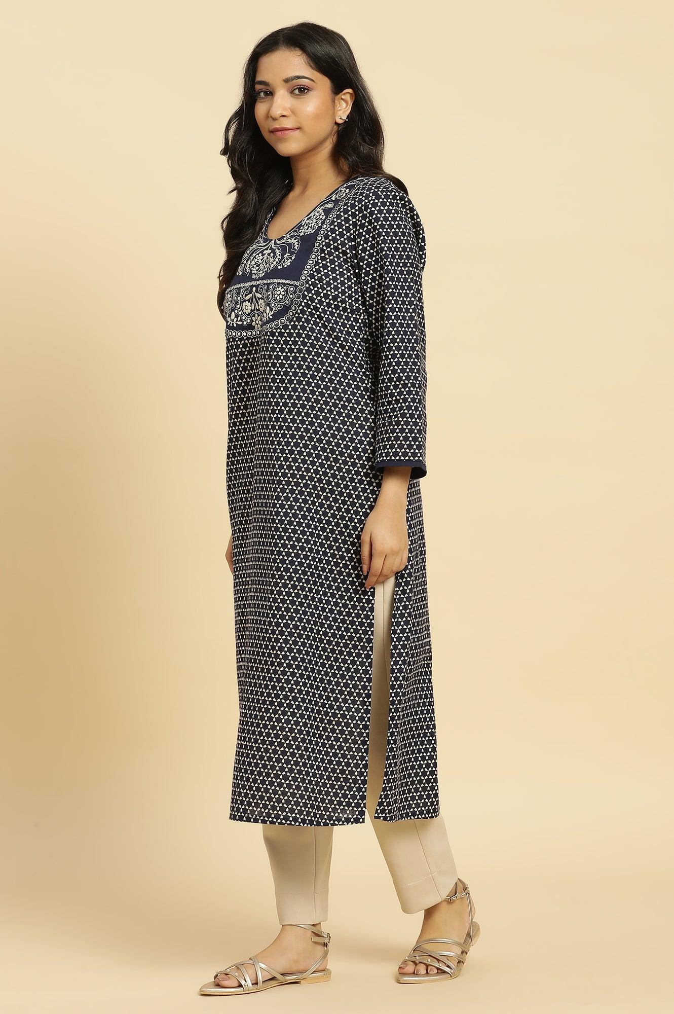 Blue Printed Cotton Kurta With Dori Embroidery - wforwoman