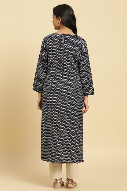 Blue Printed Cotton Kurta With Dori Embroidery - wforwoman