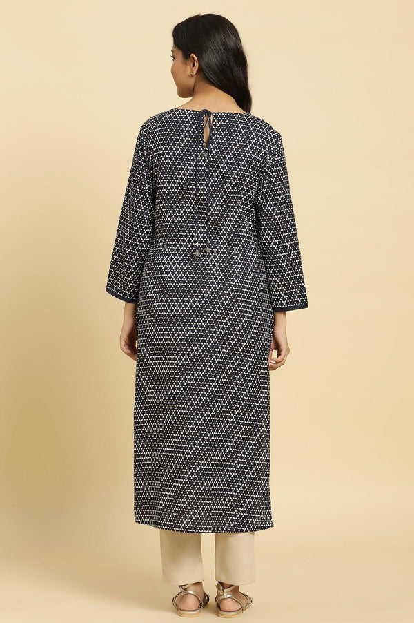 Blue Printed Cotton Kurta With Dori Embroidery