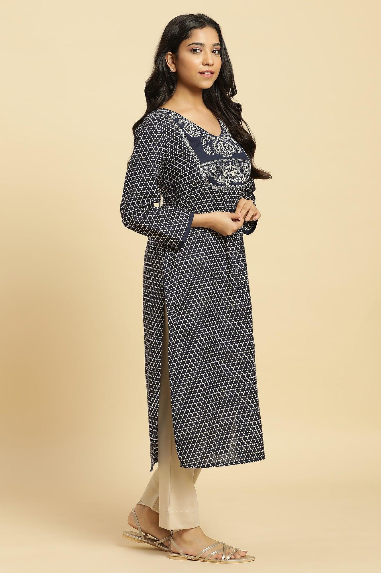 Blue Printed Cotton Kurta With Dori Embroidery - wforwoman