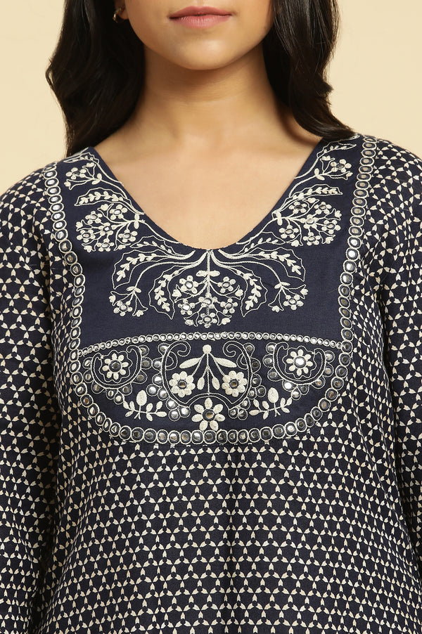 Blue Geometric Printed Dori Embroidered Cotton Flax Straight Kurta and Slim Pant Set