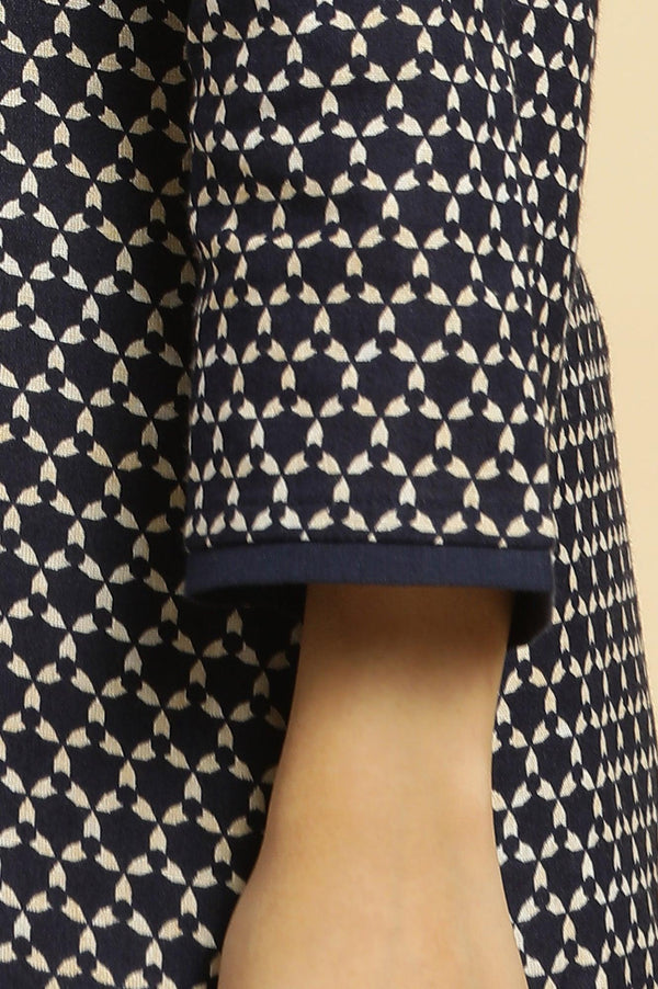 Blue Printed Cotton Kurta With Dori Embroidery