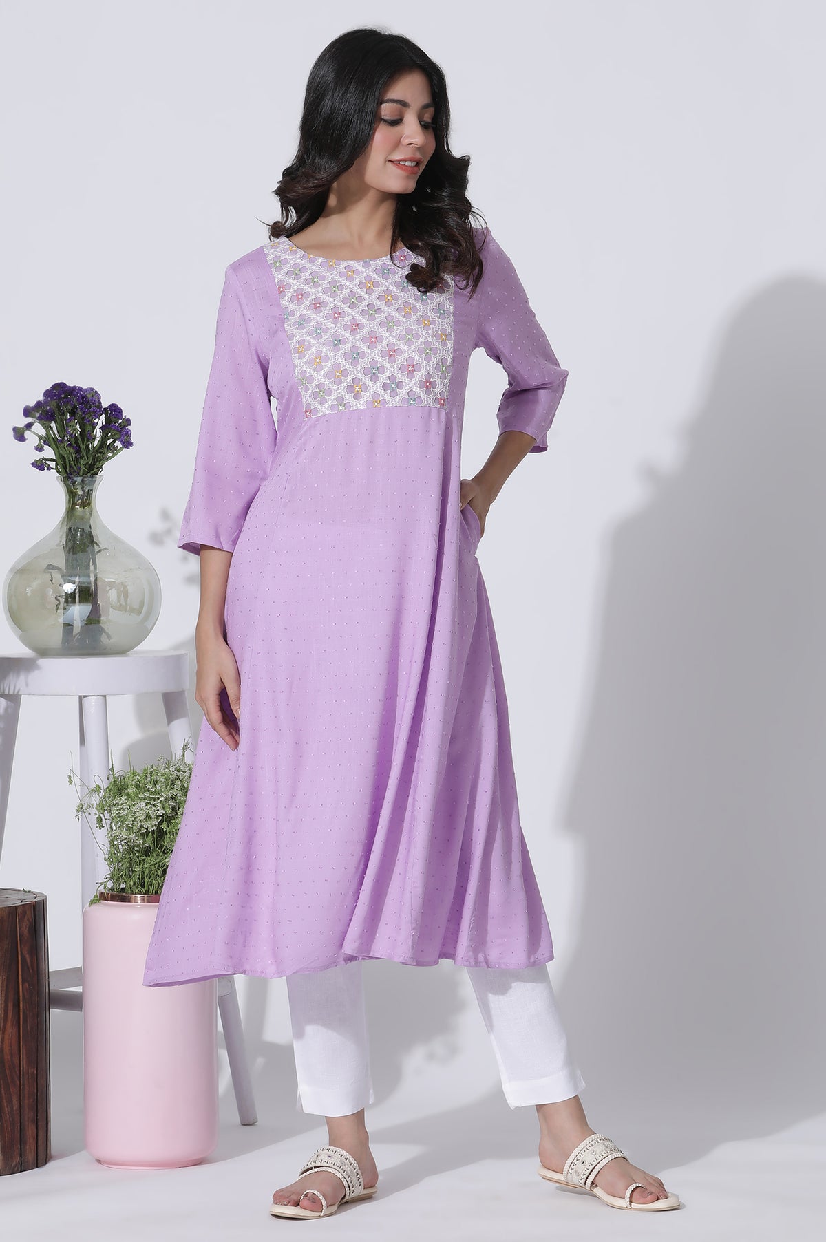 Lilac Textured Swiss Dot A-Line Kurta With Thread Mesh Embroidered Yoke - XS