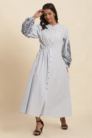 White And Blue Striped Embroidered Dress