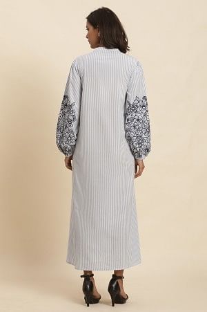 White And Blue Striped Embroidered Dress
