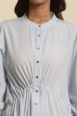 White And Blue Striped Embroidered Dress