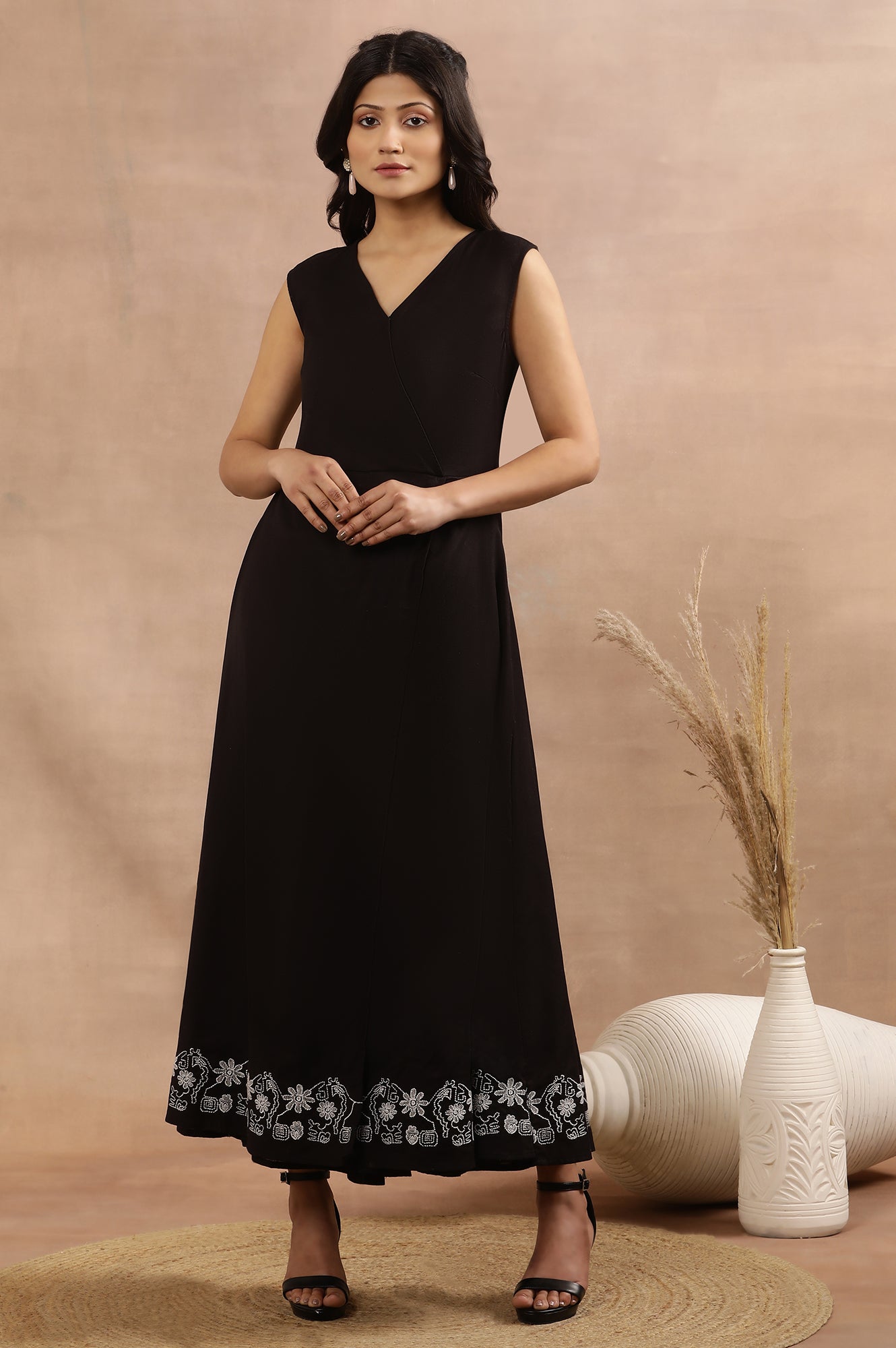 Buy Black Sleeveless Long Western Wrap Jumpsuit Online for Woman | WforWoman Buy Black Sleeveless Long Western Wrap Jumpsuit Online for Woman | WforWoman