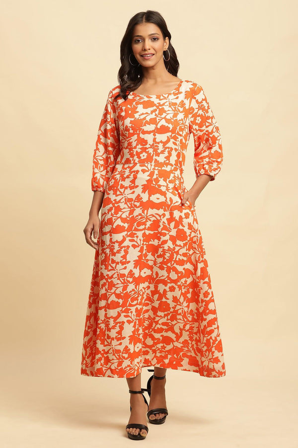 Orange and White Printed Long Western Cotton Dress