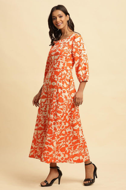 Orange And White Printed Long Western Dress - wforwoman