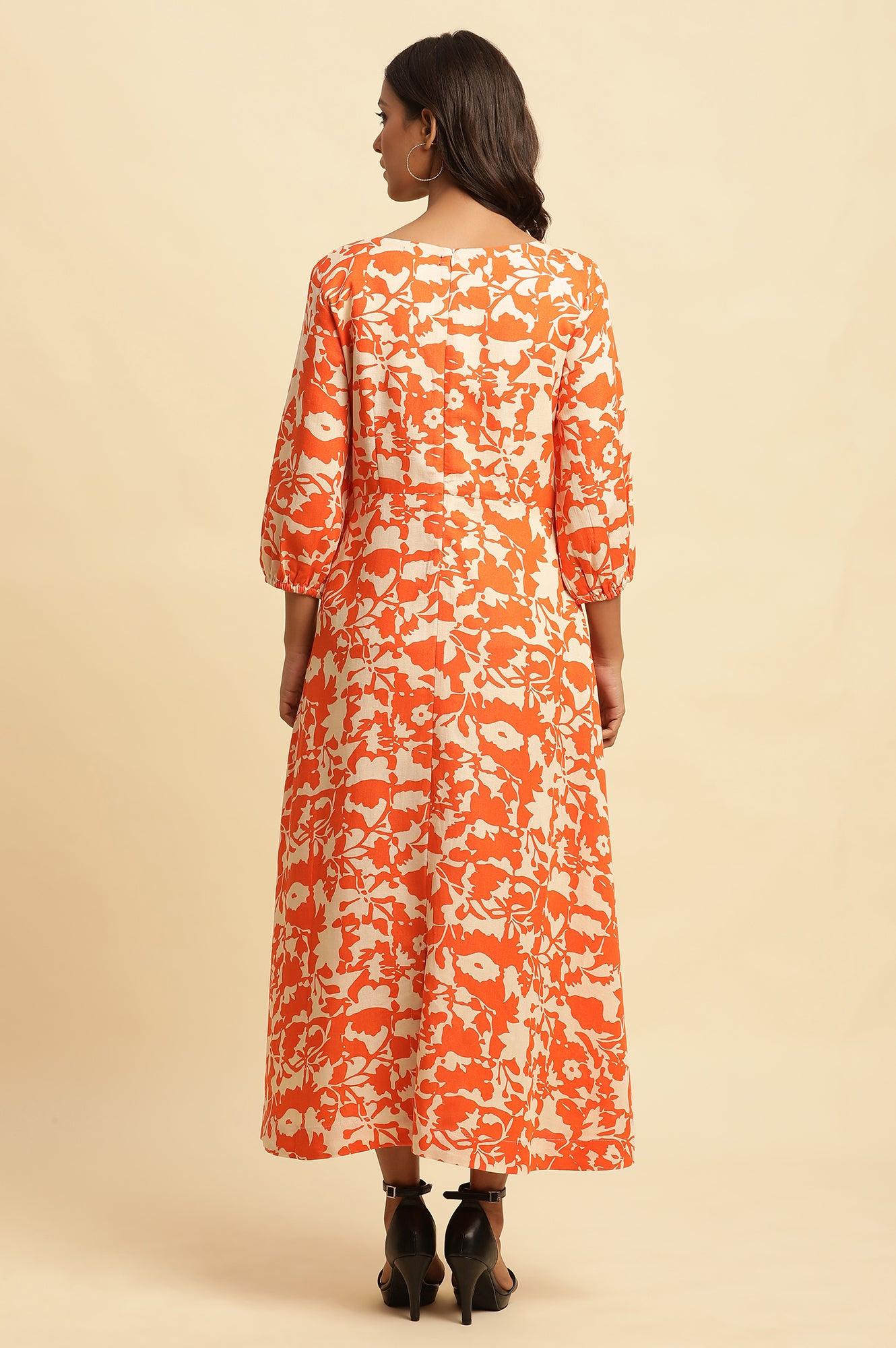 Orange And White Printed Long Western Dress - wforwoman