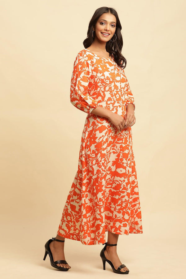 Orange and White Printed Long Western Cotton Dress