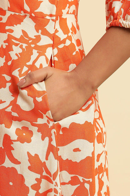 Orange And White Printed Long Western Dress - wforwoman