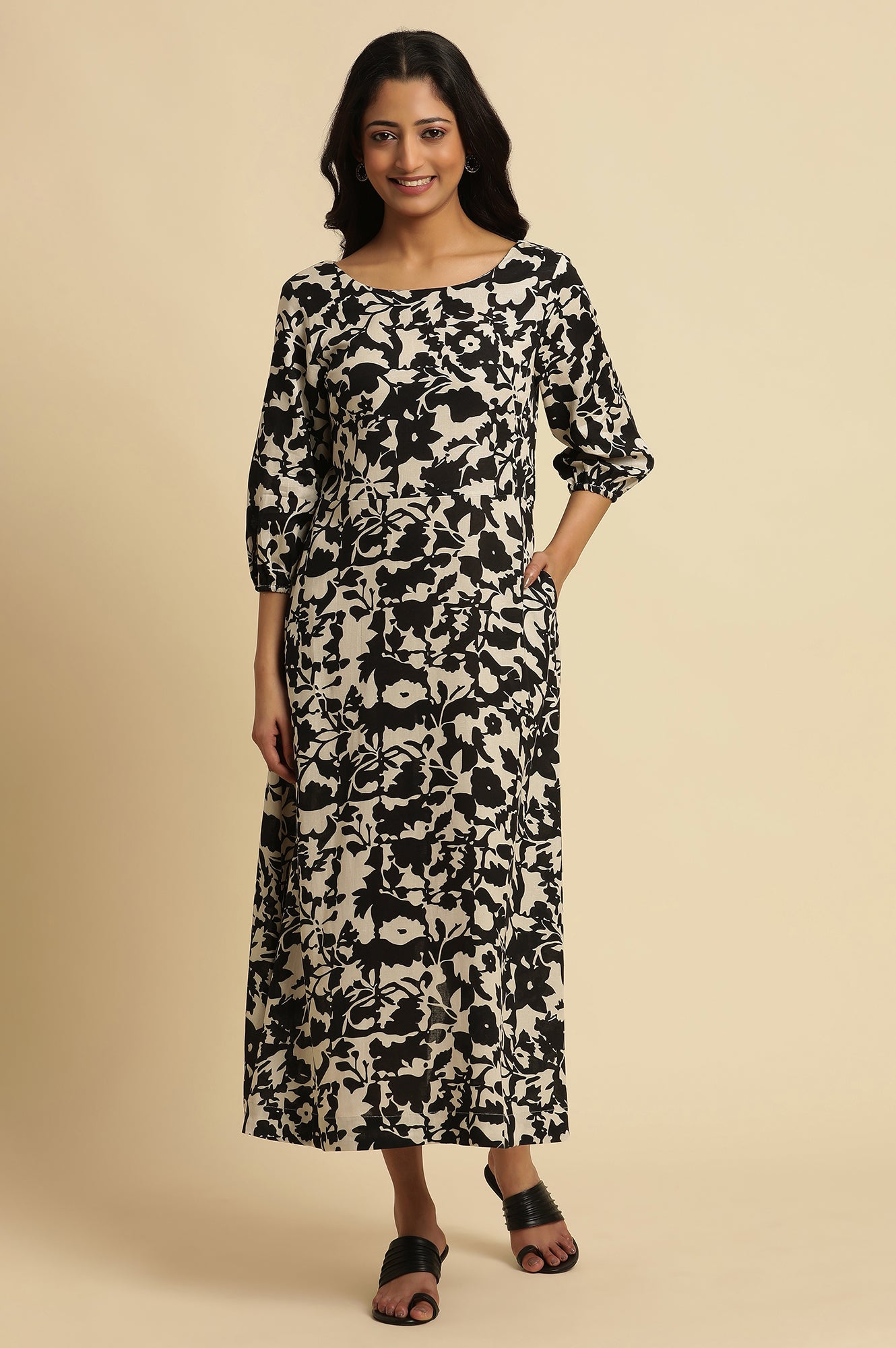 Buy Black and White Abstract Printed Cotton A-Line Western Dress Online for Woman | WforWoman Buy Black and White Abstract Printed Cotton A-Line Western Dress Online for Woman | WforWoman